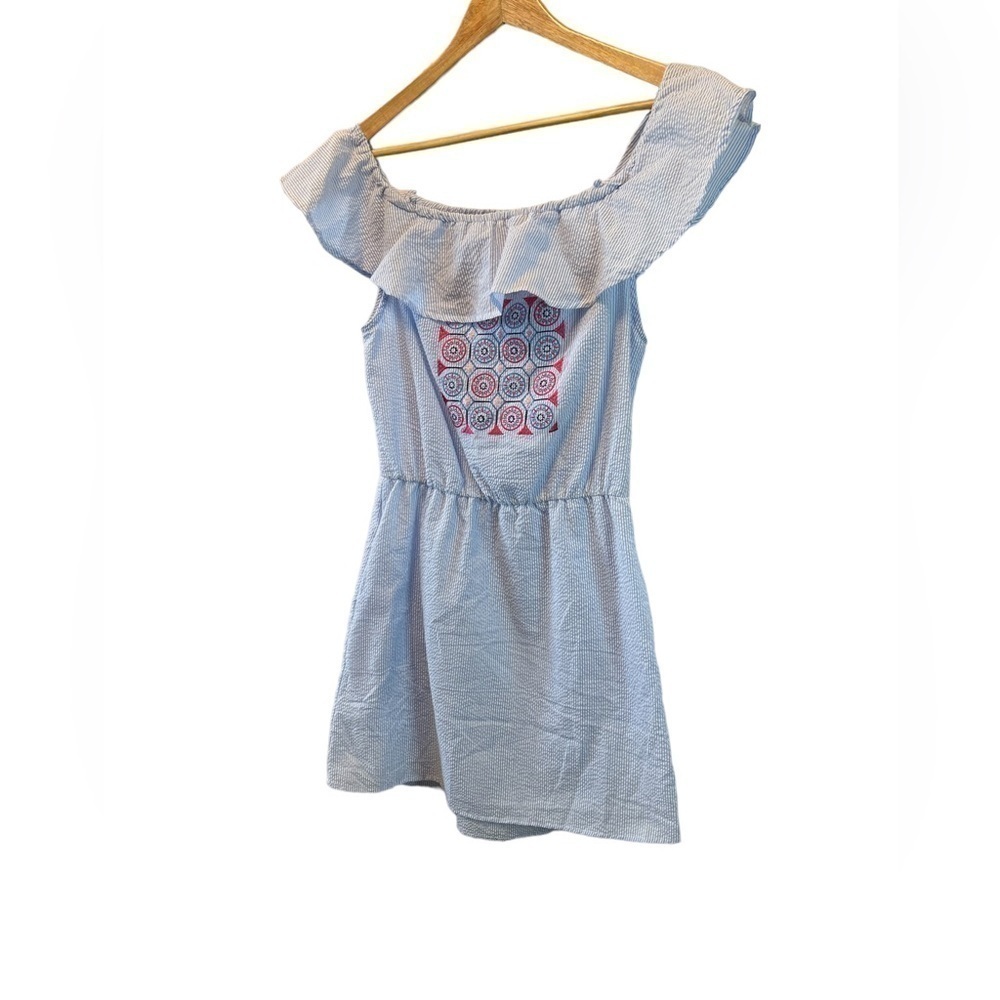 Blue & White Striped Embroidered Off the Shoulder Cotton Casual Sundress M